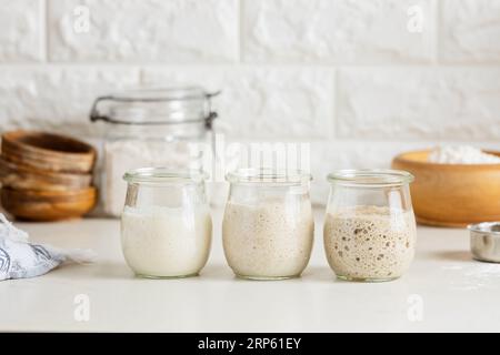 Trois bocaux en verre avec levain actif. Entrée d'épeautre, de seigle et de levain de blé. Banque D'Images