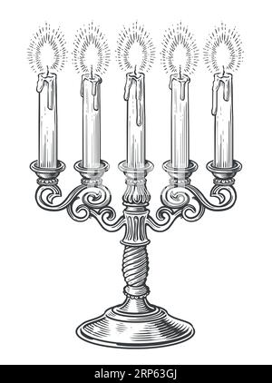 Candélabre en laiton vintage avec cinq bougies allumées dans le style de gravure. Illustration vectorielle d'esquisse de chandelier dessinée à la main Illustration de Vecteur