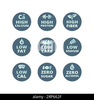 Marqueurs riches en calcium, fibres et protéines. Ensemble d'étiquettes à faible teneur en calories, zéro sucre et faible teneur en sodium. Illustration de Vecteur