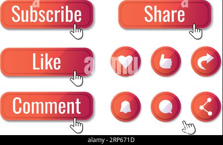 Boutons de médias sociaux définis tels que s'abonner, J'aime, commenter, partager. Coeur, pouces vers le haut, flèche, icônes de cloche. Illustration vectorielle dans un style simple. Illustration de Vecteur