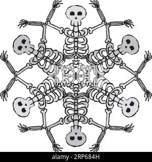 Joyeux squelettes humains encerclent un centre radieux dans le mandala Illustration de Vecteur