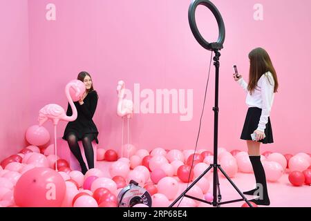 (190105) -- COLOGNE, 5 janvier 2019 -- deux filles prennent des photos au Supercandy Pop-Up Museum de Cologne, Allemagne, le 4 janvier 2019. Avec une superficie totale de 1 200 mètres carrés et plus de 20 installations interactives pour les photographies, le musée a attiré de nombreux visiteurs, en particulier des jeunes, depuis son ouverture en septembre 2018, selon le PDG du musée Frank Karch. ALLEMAGNE-COLOGNE-MUSEUM-SELFIE LuxYang PUBLICATIONxNOTxINxCHN Banque D'Images