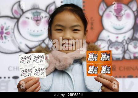 (190106) -- PÉKIN, 6 janv. 2019 (Xinhua) -- CHINA-STAMPS-YEAR OF THE COCHON-ÉMISSION (CN) Un gamin présente des timbres spéciaux du zodiaque pour l'année lunaire du cochon dans la ville de Huangshan, province de l'Anhui dans l'est de la Chine, le 5 janvier 2019. La poste chinoise a émis samedi une série de timbres spéciaux du zodiaque en l'honneur du nouvel an lunaire chinois 2019, ou l'année du cochon. L'année du cochon commence le 5 février 2019. (Xinhua/Shi Yalei) CHINE-TIMBRES-ANNÉE DE L'ÉMISSION PORCINE (CN) PUBLICATIONxNOTxINxCHN Banque D'Images