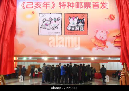 (190106) -- PÉKIN, 6 janv. 2019 (Xinhua) -- CHINA-STAMPS-YEAR OF THE COCHON-ÉMISSION (CN) des citoyens font la queue pour acheter des timbres spéciaux du zodiaque pour l'année lunaire du cochon à Hefei, capitale de la province d'Anhui de l'est de la Chine, le 5 janvier 2019. La poste chinoise a émis samedi une série de timbres spéciaux du zodiaque en l'honneur du nouvel an lunaire chinois 2019, ou l'année du cochon. L'année du cochon commence le 5 février 2019. (Xinhua/Zhang Duan) CHINE-TIMBRES-ANNÉE DE L'ÉMISSION PORCINE (CN) PUBLICATIONxNOTxINxCHN Banque D'Images