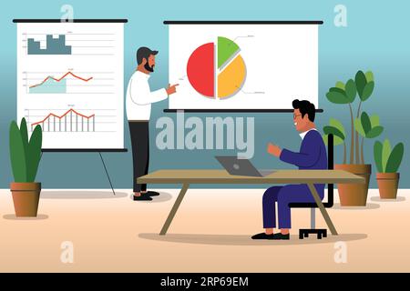 Réunion d'affaires. Homme d'affaires à la réunion de projet. Comptable expliquant les finances pour le concept de mois avec des tableaux et des graphiques. Graphique vectoriel plat Mana Illustration de Vecteur