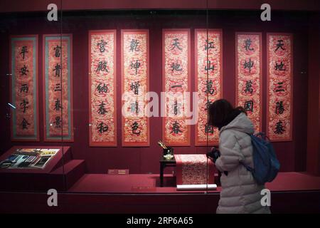 (190107) -- PÉKIN, 7 janvier 2019 -- Un touriste regarde les expositions exposées au Musée du Palais, également connu sous le nom de Cité interdite à Pékin, capitale de la Chine, le 7 janvier 2019. En célébrant la plus magnifique de toutes les fêtes traditionnelles, le Musée du Palais présente une exposition de célébration de la Fête du Printemps dans la Cité interdite à partir du 7 janvier 2019. Des centaines d'expositions seront exposées au musée. ) (InPalaceMuseum) CHINA-BEIJING-PALACE MUSEUM-SPRING FESTIVAL CELEBRATION (CN) JinxLiangkuai PUBLICATIONxNOTxINxCHN Banque D'Images