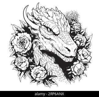 Portrait de dragon dans des fleurs dessin animé dessin à la main illustration animaux sauvages Illustration de Vecteur