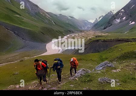 Trekking à travers la magnifique vallée luxuriante de Warwan, chaîne de Pir Panjal, Cachemire, Inde Banque D'Images