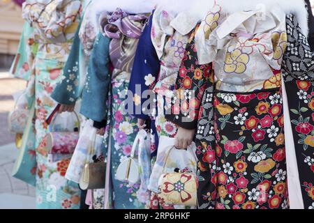 (190114) -- CHIBA, 14 janvier 2019 -- des filles japonaises en kimonos célèbrent Coming of Age Together à Tokyo Disneyland à Chiba, Japon, le 14 janvier 2019. Les personnes qui ont eu 20 ans ont participé lundi à la cérémonie annuelle du jour de l'âge adulte au Japon. ) JAPON-CHIBA-DISNEY-L'ÂGE ADULTE DUXXIAOYI PUBLICATIONXNOTXINXCHN Banque D'Images