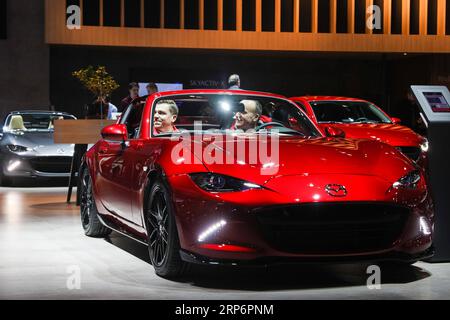 (190118) -- BRUXELLES, le 18 janvier 2019 -- les visiteurs découvrent une Mazda MX-5 au 97e salon de l'automobile de Bruxelles à Bruxelles, Belgique, le 18 janvier 2019. Le 97e salon de l'automobile de Bruxelles sera ouvert au public du 19 au 27 janvier. ) BELGIQUE-BRUXELLES-SALON AUTOMOBILE ZhengxHuansong PUBLICATIONxNOTxINxCHN Banque D'Images