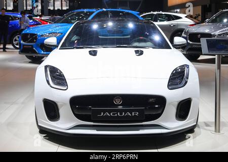 (190118) -- BRUXELLES, le 18 janvier 2019 -- Une Jaguar F-Type Chequered Flag est présentée lors de sa première mondiale au 97e salon de l'automobile de Bruxelles au Brussels Expo à Bruxelles, Belgique, le 18 janvier 2019. Le 97e salon de l'automobile de Bruxelles sera ouvert au public du 19 au 27 janvier. ) BELGIQUE-BRUXELLES-SALON AUTOMOBILE ZhengxHuansong PUBLICATIONxNOTxINxCHN Banque D'Images