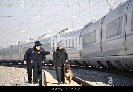 (190119) -- BEIJING, 19 janv. 2019 (Xinhua) -- des policiers des chemins de fer patrouillent avec un chien policier dans une station d'entretien pour assurer la sécurité de la prochaine ruée vers le voyage du Festival du printemps à Beijing, capitale de la Chine, le 19 janvier 2019. (Xinhua/Li Xin) CHINE-BEIJING-SPRING FESTIVAL-TRAVEL (CN) PUBLICATIONxNOTxINxCHN Banque D'Images