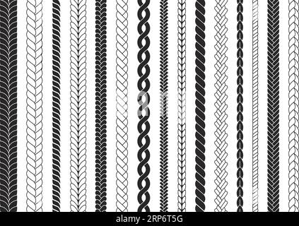 Brosses de lignes de tresse. Cadres tressés, motif sans couture de texture tricotée. Éléments de conception de corde ou de tresse. Ensemble graphique vectoriel décent de bordure de décoration de cordon Illustration de Vecteur