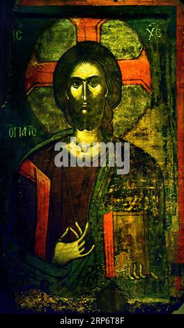 Icône avec Christ Pantokrator de Prespes 15e siècle Athènes Grèce Musée byzantin Église orthodoxe grecque ( icône ) Christ Pantokrator - Pandokrator, Banque D'Images