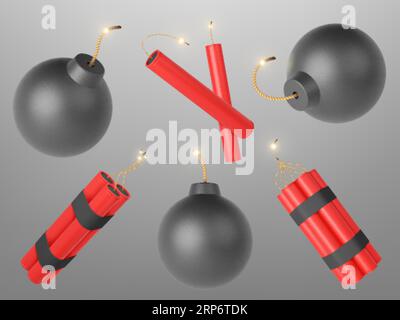 Dynamite 3D réaliste et bombe. Des éléments explosifs dangereux, des mèches de bombes brûlantes. Symbole terrorisme, guerre et agression pieux vecteur clipart Illustration de Vecteur