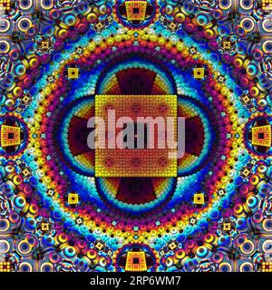 Illustration 3d abstraite. Petits shperes en motif mandala. Couleurs trippy. Fond fractal symétrique. rendu 3d. Banque D'Images