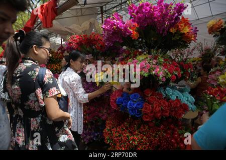 (190123) -- SINGAPOUR, 23 janvier 2019 -- les gens achètent des produits du nouvel an lunaire sur un marché temporaire du nouvel an dans le centre-ville de Singapour, le 23 janvier 2019.) SINGAPOUR-MARCHANDISES DU NOUVEL AN ThenxChihxWey PUBLICATIONxNOTxINxCHN Banque D'Images