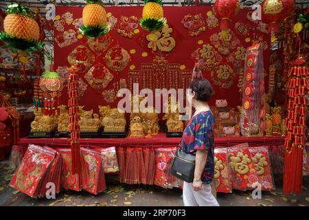 (190123) -- SINGAPOUR, 23 janvier 2019 -- les gens achètent des produits du nouvel an lunaire sur un marché temporaire du nouvel an dans le centre-ville de Singapour, le 23 janvier 2019.) SINGAPOUR-MARCHANDISES DU NOUVEL AN ThenxChihxWey PUBLICATIONxNOTxINxCHN Banque D'Images