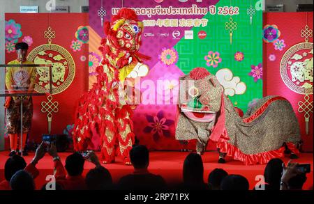 (190124) -- BANGKOK, 24 janv. 2019 (Xinhua) -- Une équipe thaïlandaise de danse du tigre se produit lors d'une conférence de presse sur la célébration du nouvel an chinois organisée par l'Office du tourisme de Thaïlande (TAT) à Bangkok, Thaïlande, le 24 janvier 2019. L organisme touristique thaïlandais s associe au Ministère chinois de la Culture et du Tourisme et à l ambassade de Chine pour lancer une veille festive de célébration du nouvel an chinois dans la ville chinoise de Bangkok. (Xinhua/Zhang Keren) THAÏLANDE-BANGKOK-CHINE NOUVEL AN-CONFÉRENCE DE PRESSE PUBLICATIONxNOTxINxCHN Banque D'Images