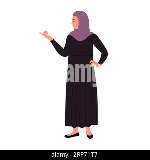 Femme d'affaires musulmane montrant à quelque chose. Le Manager féminin arabe porte une illustration vectorielle de dessin animé de robe noire Illustration de Vecteur