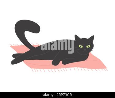 Chat noir couché sur le tapis. Chaton domestique paresseux, chat s'étirant sur l'illustration vectorielle de dessin animé de plancher Illustration de Vecteur