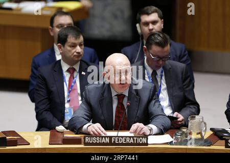 (190126) -- NATIONS UNIES, 26 janvier 2019 -- Vassily Nebenzia (front), représentante permanente de la Russie auprès des Nations Unies, s'adresse à une réunion d'urgence du Conseil de sécurité sur la situation au Venezuela, au siège des Nations Unies à New York, le 26 janvier 2019.) ONU-CONSEIL DE SÉCURITÉ-VENEZUELA-REUNION D'URGENCE LIXMUZI PUBLICATIONXNOTXINXCHN Banque D'Images