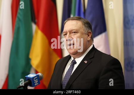 (190126) -- NATIONS UNIES, 26 janvier 2019 -- le secrétaire d'État américain Mike Pompeo s'adresse à la presse sur la situation au Venezuela, au siège des Nations Unies à New York, le 26 janvier 2019. Pompeo a participé samedi à une réunion d'urgence du Conseil de sécurité des Nations Unies sur la situation au Venezuela. ) CONSEIL DE SÉCURITÉ-VENEZUELA-ÉTATS-UNIS-POMPEO LIXMUZI PUBLICATIONXNOTXINXCHN Banque D'Images