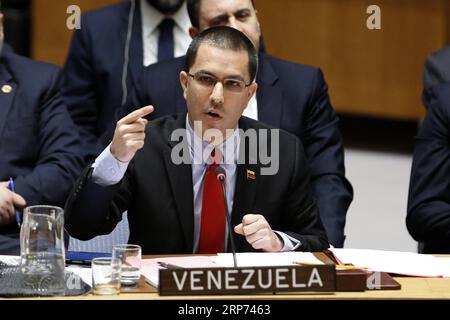 (190126) -- NATIONS UNIES, 26 janvier 2019 -- le ministre vénézuélien des Affaires étrangères Jorge Arreaza s'adresse à une réunion d'urgence du Conseil de sécurité des Nations Unies sur la situation au Venezuela, au siège des Nations Unies à New York, le 26 janvier 2019.) ONU-CONSEIL DE SÉCURITÉ-VENEZUELA-REUNION D'URGENCE LIXMUZI PUBLICATIONXNOTXINXCHN Banque D'Images