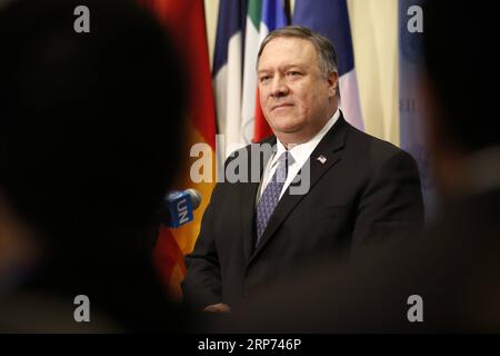 (190126) -- NATIONS UNIES, 26 janvier 2019 -- le secrétaire d'État américain Mike Pompeo s'adresse à la presse sur la situation au Venezuela, au siège des Nations Unies à New York, le 26 janvier 2019. Pompeo a participé samedi à une réunion d'urgence du Conseil de sécurité des Nations Unies sur la situation au Venezuela. ) CONSEIL DE SÉCURITÉ-VENEZUELA-ÉTATS-UNIS-POMPEO LIXMUZI PUBLICATIONXNOTXINXCHN Banque D'Images