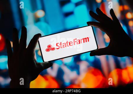 Dans cette illustration, le logo State Farm Insurance s'affiche sur l'écran d'un smartphone. Banque D'Images