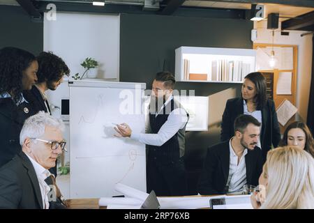 Manager montrant le plan d'affaires aux collègues et aux employés. Panneau d'affichage avec dessin et planification de stratégie d'entreprise. Réunion d'affaires et discussion de r Banque D'Images