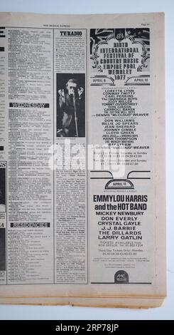 Publicité pour le neuvième Festival international de musique country Empire Pool Wembley 1977 de New musical Express NME Banque D'Images