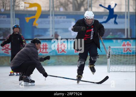 (190201) -- BEIJING, le 1 février 2019 (Xinhua) -- Photo prise le 9 janvier 2019 montre coach Li Chunyu (2L) et ses étudiants lors d'une séance de formation à l'école primaire centrale Taipingzhuang dans Yanding, District de Pékin, capitale de la Chine. L'école primaire centrale Taipingzhuang situé juste au pied des montagnes, Xiaohaituo où les lieux pour Beijing 2022 Jeux Olympiques d'hiver sont en construction. Les enseignants de l'école primaire centrale Taipingzhuang ont transformé une terre agricole expérimental dans une patinoire saisonnière pour les élèves ici pour apprendre le patinage depuis 2016. L'école a embauché un connu Banque D'Images