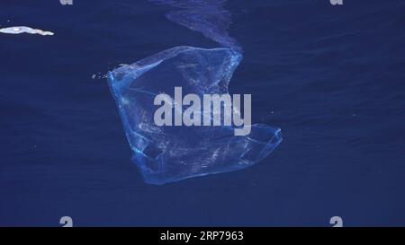 Le sac en plastique bleu jetable flotte sous la surface dans l'eau bleue. Sac en plastique jeté dans la mer dérive sous la surface de l'eau bleue dans l'heure du matin, rouge Banque D'Images