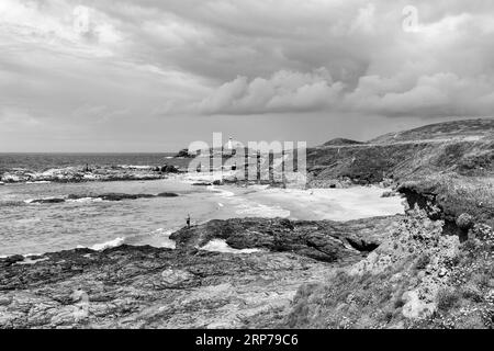 South West Coast Path, littoral avec Godrevy Island et phare, zone de conservation du paysage, National Trust, monochrome, Gwithian, St Ives Bay Banque D'Images