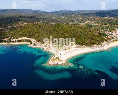 Vue aérienne, plage EMA, Toroni, Torone, Sithonia, Chalcidique, Macédoine centrale, Grèce Banque D'Images