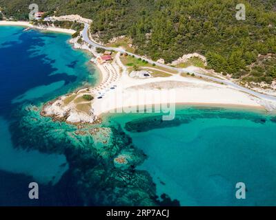Vue aérienne, plage EMA, Toroni, Torone, Sithonia, Chalcidique, Macédoine centrale, Grèce Banque D'Images