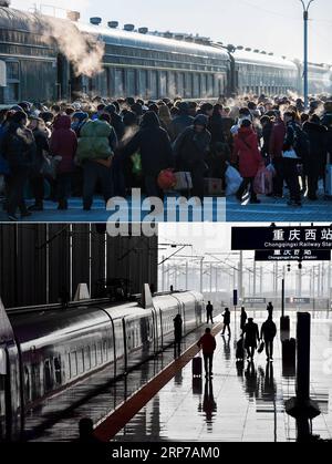 (190202) -- PÉKIN, 2 février 2019 () -- cette photo combinée montre des passagers embarquant dans un train vert à l'ancienne sur un quai à la gare de Genhe à Hulun Buir, dans la région autonome de Mongolie intérieure du nord de la Chine, le 31 janvier 2016 (en haut, photo prise par Lian Zhen); et un train à grande vitesse qui est sur le point de partir de la gare Ouest de Chongqing dans le sud-ouest de la Chine, Chongqing, le 12 février 2018 (en bas, photo prise par Liu Chan). () ALLER AVEC Headlines : Moving China : le voyage en train du Festival du printemps maintenant et puis Headlines : Moving China : le voyage en train du Festival du printemps maintenant et puis Xinhua PUBLICATIONxNOTxIN Banque D'Images