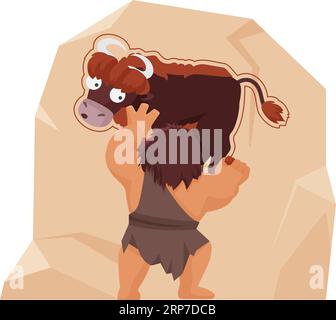 Caveman dessinant la vache sur la roche. Personnes préhistoriques, illustration vectorielle de dessin animé de style de vie de l'âge de pierre Illustration de Vecteur