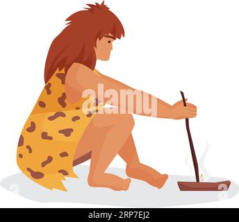 Femme de l'âge de pierre faisant feu. Les gens primitifs allument l'illustration vectorielle de dessin animé de feu Illustration de Vecteur