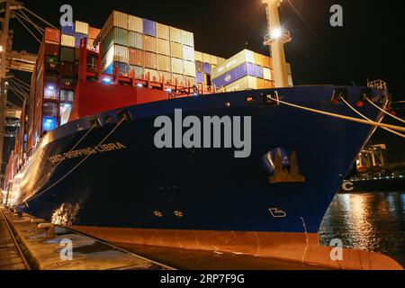 (190206) -- ANVERS, 6 février 2019 -- une photo prise le 5 février 2019 montre COSCO SHIPPING LIBRA au port d'Anvers en Belgique. Chine s 20 000 plus vingt pieds équivalent unité (TEU) porte-conteneurs COSCO SHIPPING LIBRA a accosté au port d'Anvers mardi. ) BELGIQUE-ANVERS-COSCO CONTAINERSHIP ZhangxCheng PUBLICATIONxNOTxINxCHN Banque D'Images