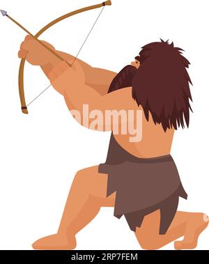 Caveman chasse avec arc. Chasseur primitif avec ancienne illustration vectorielle de dessin animé d'arme ancienne Illustration de Vecteur