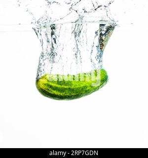 Concombre tombant l'eau éclabousse d'eau sur fond blanc Banque D'Images