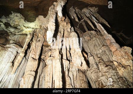 Stalagmites et stalactites à l'intérieur de la magnifique grotte de Phu Wai. Situé dans la province d'Uthai Thani en Thaïlande. Banque D'Images