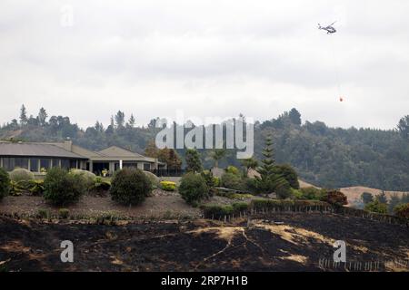 (190207) -- WELLINGTON, 7 février 2019 (Xinhua) -- Un hélicoptère éteint un feu de brousse à Nelson de South Island, Nouvelle-Zélande, le 6 février 2019. Un incendie de brousse a éclaté mardi dans la région de Tasman de l île du Sud et a provoqué l évacuation de 235 propriétés. Environ 400 personnes ont été évacuées de leurs maisons alors que le feu atteignait 1 874 hectares en 13 heures, selon les autorités locales. L'incendie, le pire à avoir frappé la région depuis les années 1980, prendra probablement plusieurs jours ou plus avant d'être arrêté, a déclaré Richard Kempthorne, maire du district de Tasman, aux médias. (Xinhua/Tim Cuff) NOUVELLE-ZÉLANDE-ÎLE DU SUD Banque D'Images