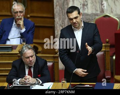 (190208) -- ATHÈNES, le 8 février 2019 -- le Premier ministre grec Alexis Tsipras (1e R) s'adresse aux législateurs grecs sur le protocole d'adhésion à l'OTAN de l'ex-République yougoslave de Macédoine (ARYM), à Athènes, Grèce, le 8 février 2019. Le Parlement grec a approuvé vendredi le protocole sur l'adhésion de l'ex-République yougoslave de Macédoine (ARYM) à l'Organisation du Traité de l'Atlantique Nord (OTAN) sous son nouveau nom de République de Macédoine du Nord. GRÈCE-ATHÈNES-ARYM-ADHÉSION À L'OTAN APPROBATION DU PROTOCOLE MARIOSXLOLOS PUBLICATIONXNOTXINXCHN Banque D'Images