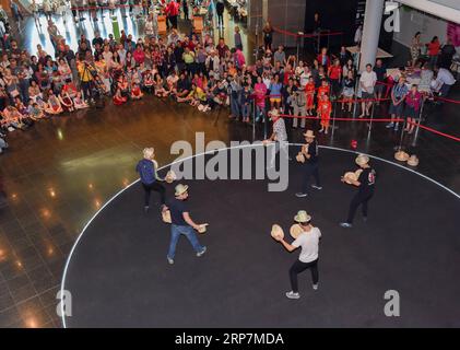 (190209) -- WELLINGTON, 9 février 2019 (Xinhua) -- des acteurs jouent des acrobaties lors d'un spectacle flash mob célébrant le nouvel an lunaire chinois au Musée national de Nouvelle-Zélande à Wellington, Nouvelle-Zélande, le 9 février 2019. (Xinhua/Guo Lei) NOUVELLE ZÉLANDE-WELLINGTON-FLASH MOB-SPRING FESTIVAL PUBLICATIONxNOTxINxCHN Banque D'Images