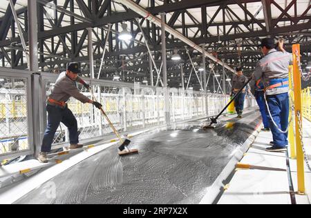 (190213) -- JINAN, 13 février 2019 (Xinhua) -- des travailleurs nettoient un train à grande vitesse Fuxing dans une station d'entretien à Jinan, dans la province du Shandong de l'est de la Chine, 12 février 2019 les trains à grande vitesse Fuxing sont généralement en service le jour et en maintenance la nuit. Avec une vitesse maximale de 350 kilomètres par heure, Fuxing représente le meilleur de la technologie ferroviaire à grande vitesse en Chine. (Xinhua/Wang Kai) CHINE-SHANDONG-ENTRETIEN DES TRAINS À GRANDE VITESSE (CN) PUBLICATIONxNOTxINxCHN Banque D'Images