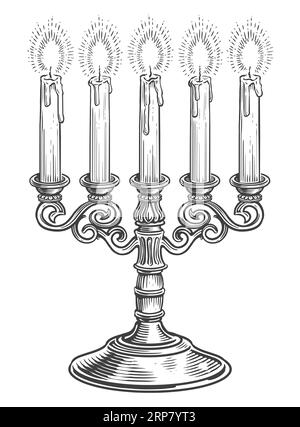 Candélabre avec cinq bougies allumées. Dessin dessiné à la main illustration vintage chandelier Banque D'Images