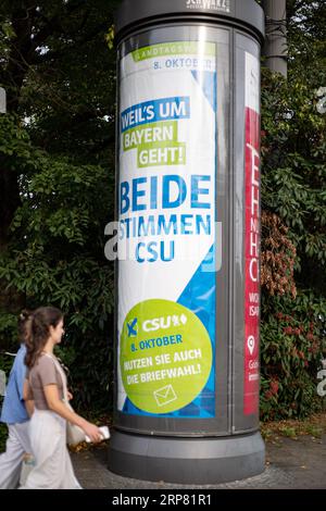 Munich, Allemagne. 03 septembre 2023. Markus Söder CSU Wahlplakate am 3.9.2023 à München. Die Landtagswahl und Bezirkstagswahl in Bayern wird am 8.10.2023 stattfinden. -- Markus Soeder CSU posters électoraux le 3 septembre 2023 à Munich, Allemagne. Les élections des États et des districts en Bavière auront lieu le 8 octobre 2023. (Photo Alexander Pohl/Sipa USA) crédit : SIPA USA/Alamy Live News Banque D'Images